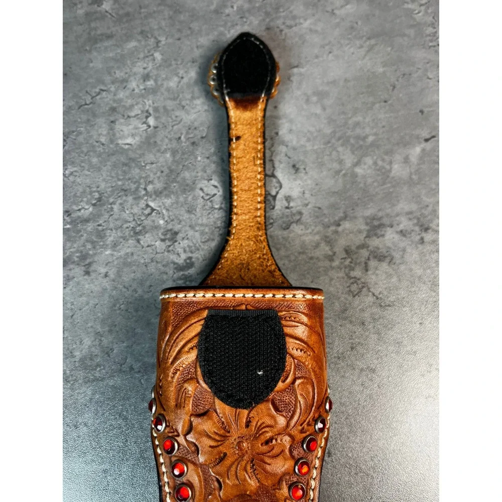 Cowboy Decor Tooled Leather Cell Phone/ Knife Holster Star Concho Red Rhinestone